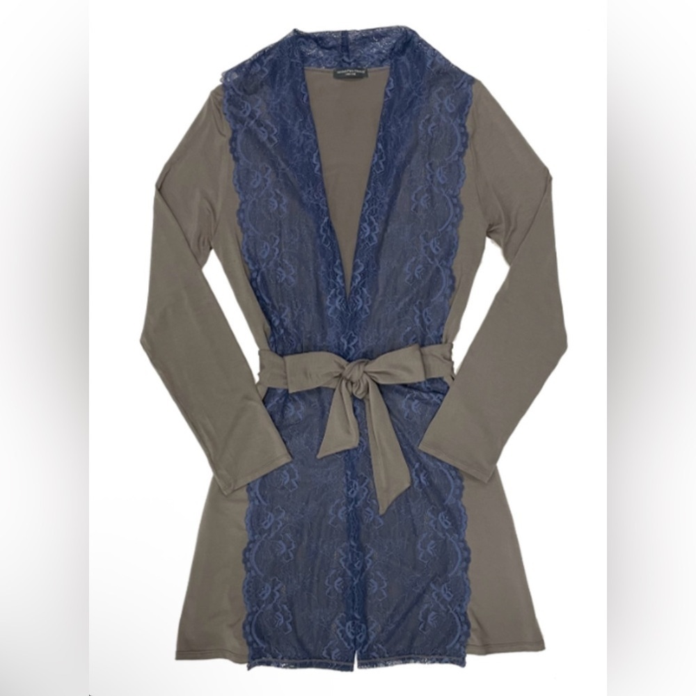 NWT Samantha Chang New York  Lace Front Robe Smokey Gray w/Blue Moon Lace~Large